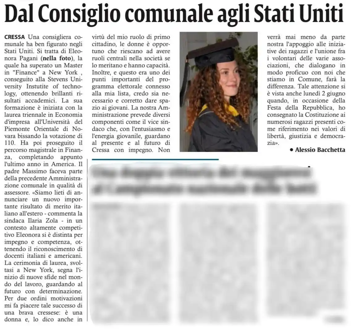 Image from Comune di Cressa: Il sindaco e l’amministrazione si congratulano con la nostra consiglie...