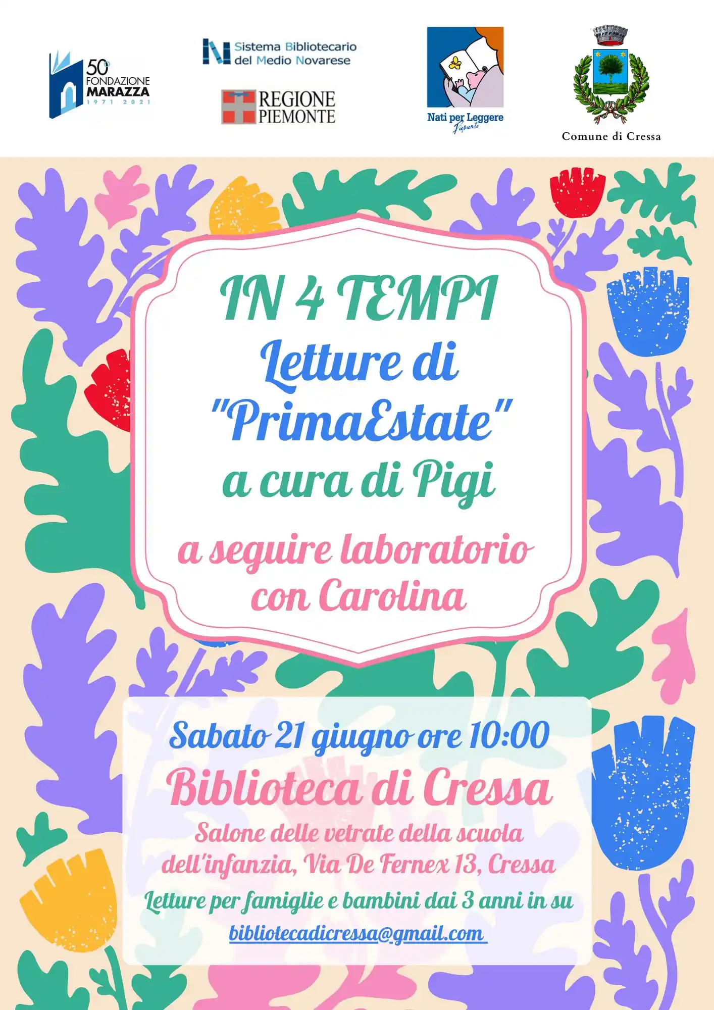 Image from Comune di Cressa: *in 4 tempi: letture di “primaEstate”*  Sabato 21 giugno alle ore 10, ...