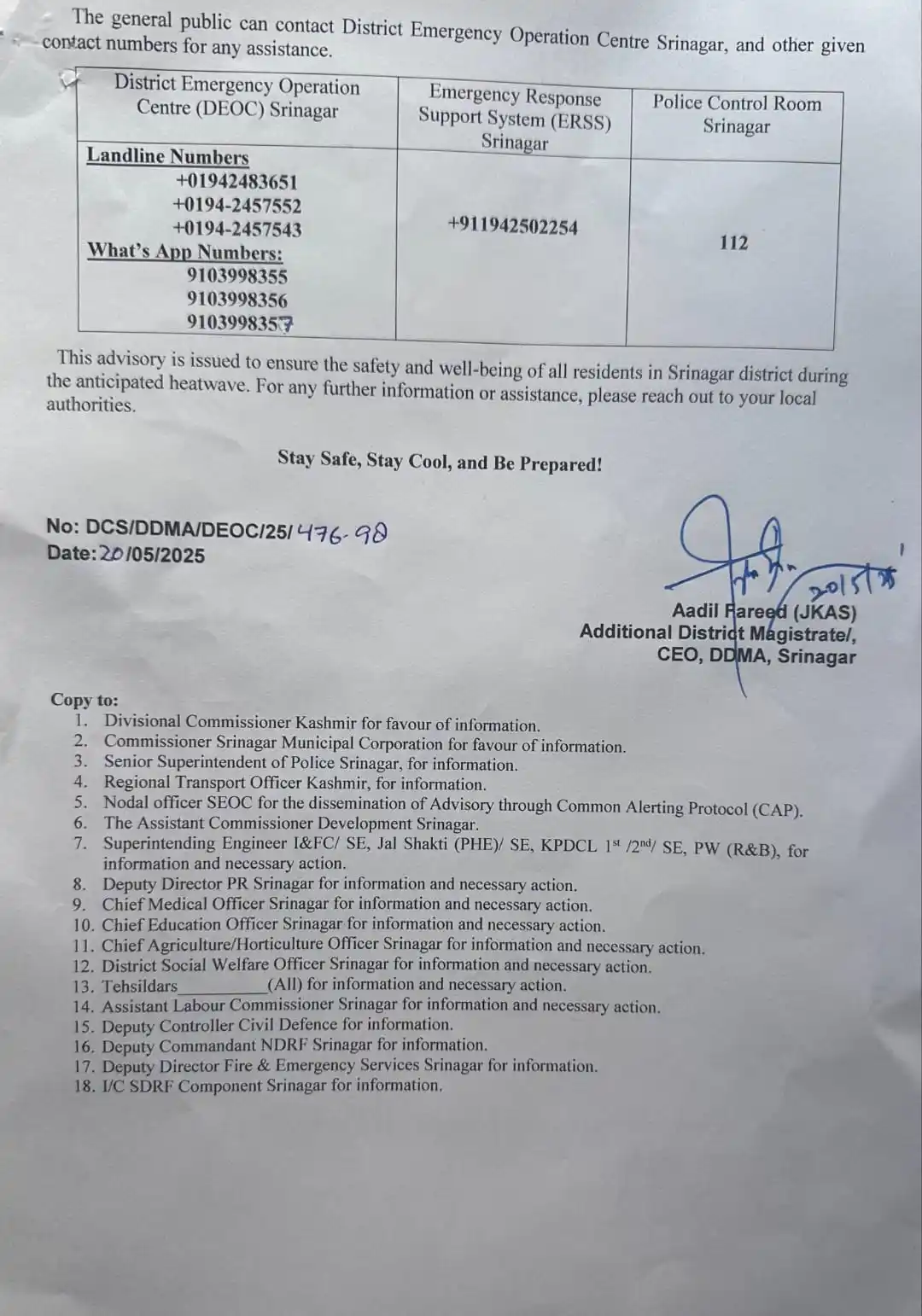 Image from J&K Tweet: In view of prevailing weather conditions a significant increase in tem...