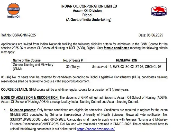 Image from BodoPedia: ✅ IOCL Digboi GNM Nursing Admission 2025 Notification Released ✅ Chec...