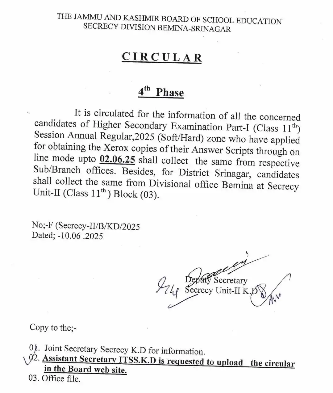Image from Govt. Orders Only: *JKBOSE* *Notice: Phase-IV , Collection of Photocopies of Answer Scri...