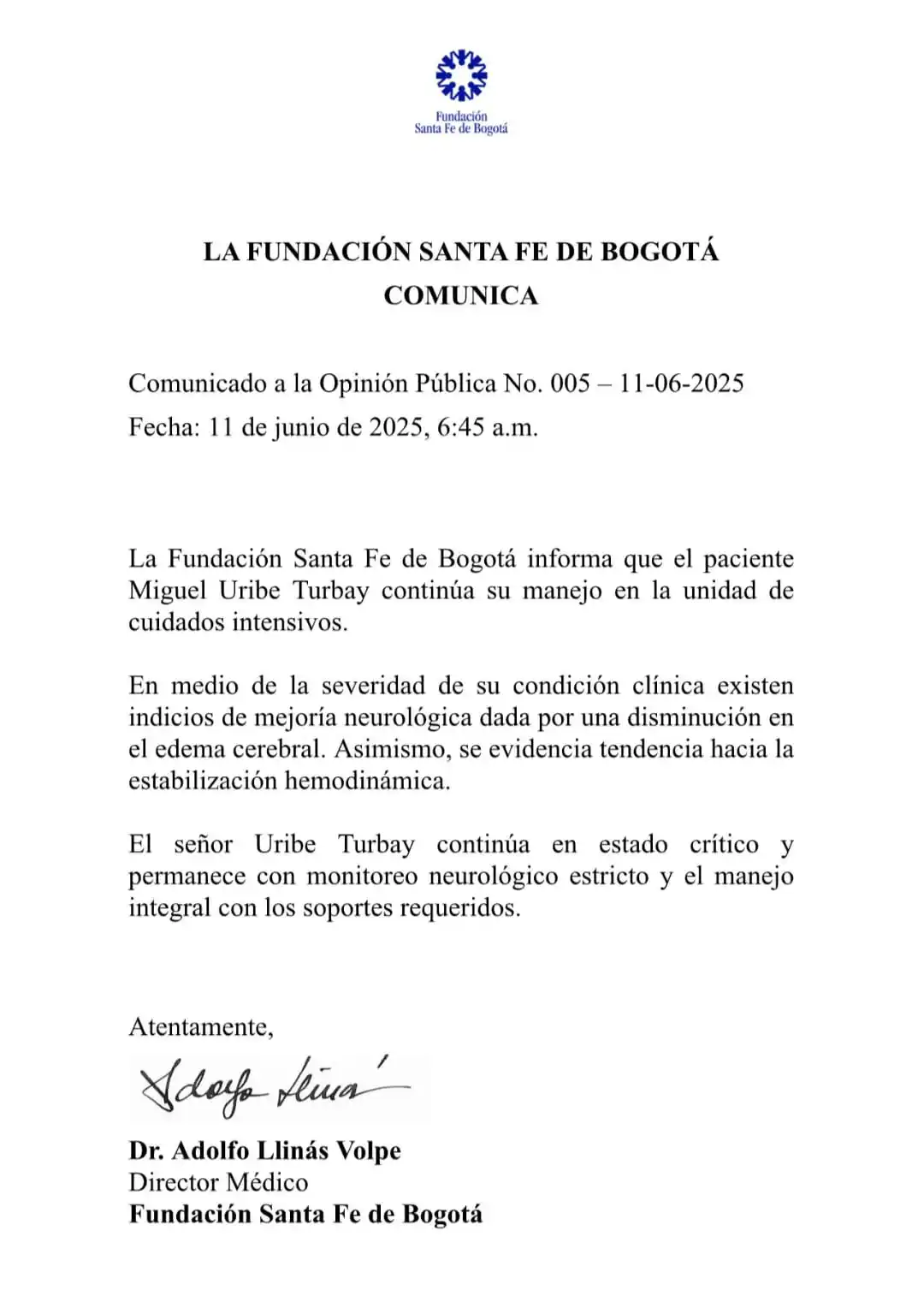 Image from Lo Que Pasa En Colombia: La Fundación Santafé de Bogotá emitió un nuevo parte sobre el estado d...
