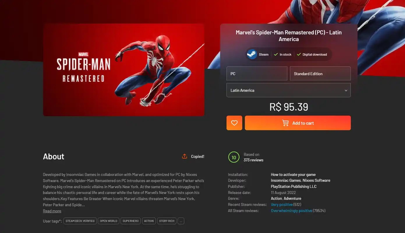 Image from Ofertas - GamePlaysCassi: Menor preço histórico! Marvel's Spider-Man Remastered por R$ 95,39 na...