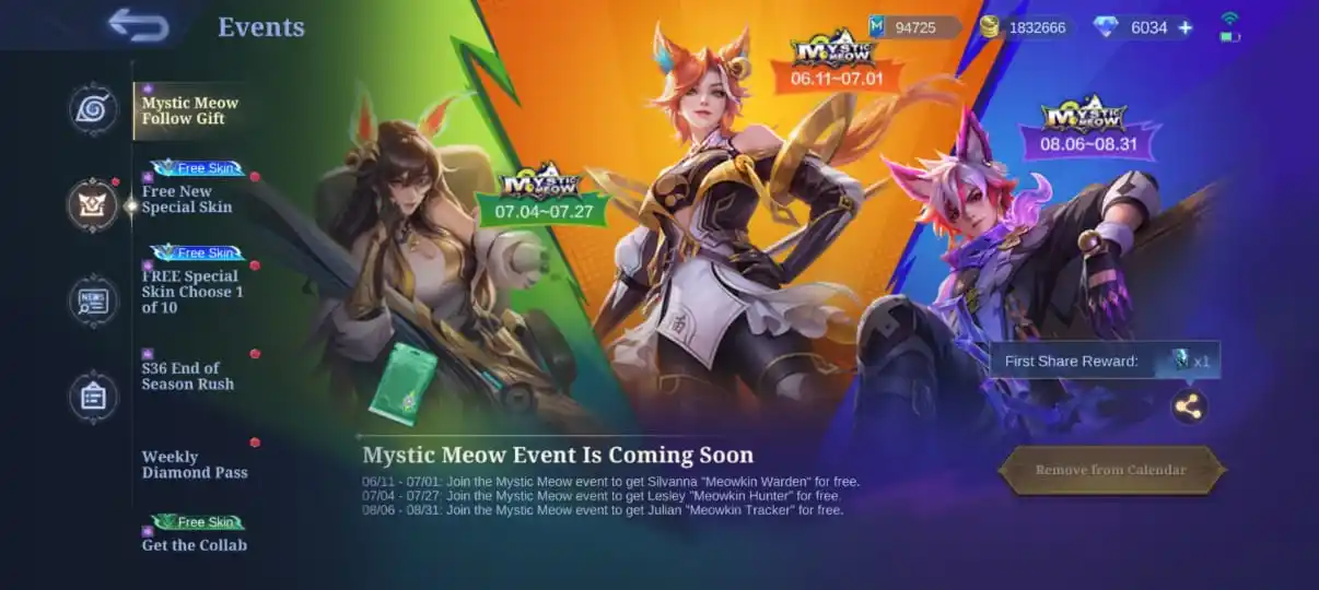 Image from Kazuki Official: 🐾 MYSTIC MEOW – FREE SKINS CALENDAR! MLBB is giving away 3 special s...