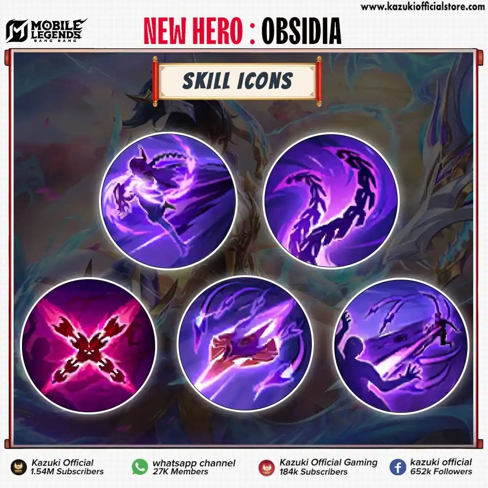 Image from Kazuki Official: 🟣 NEW HERO: OBSIDIA – SKILL ICONS PREVIEW! Dark. Ruthless. Shadow-bo...