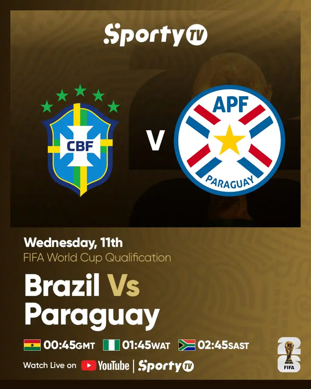 Image from SportyTV: SHOWING LATER TONIGHT ON SPORTYTV & YOUTUBE! 📺 🇧🇷 Brazil 🆚 Paragu...