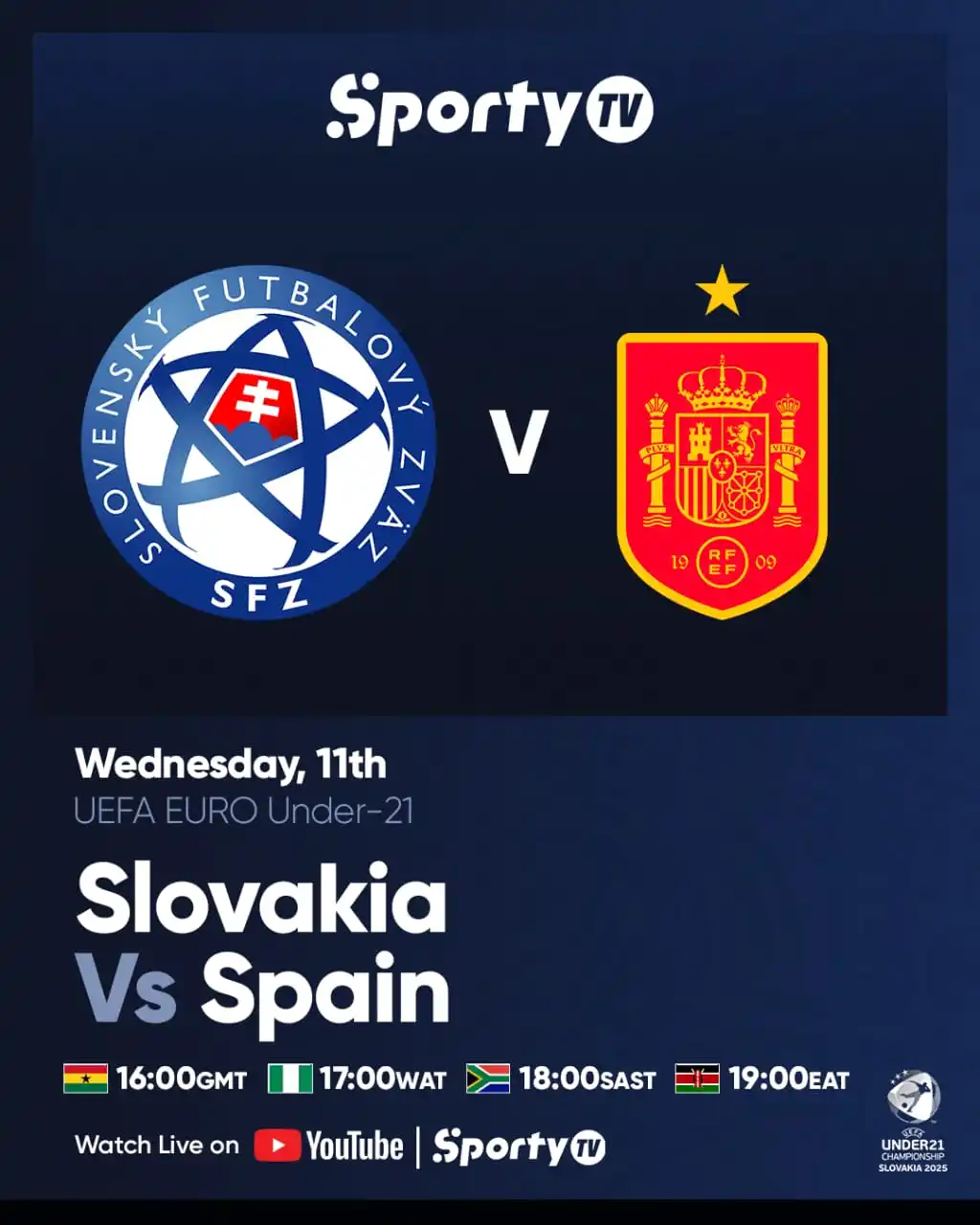 Image from SportyTV: SHOWING NOW ON SPORTYTV & YOUTUBE! 🚨 🇸🇰 Slovakia U-21 🆚 Spain U-2...