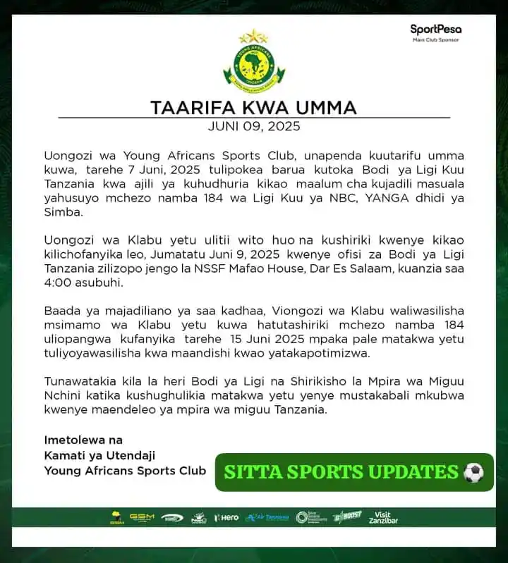 Image from SITTA SPORTS ARENA: *TAARIFA KWA UMMA ⚽👇* Klabu ya Yanga imesema imewasilisha msimamo wa...