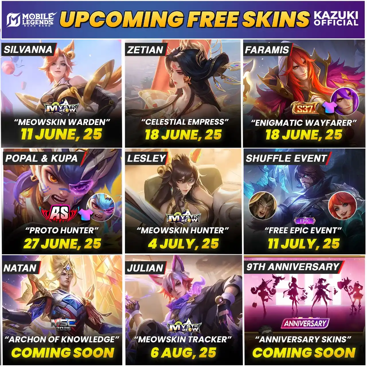 Image from Kazuki Official: 🎁 UPCOMING FREE SKINS & HERO! ⚔️ Free Hero: Zetian – 18 June 🎯 Fr...