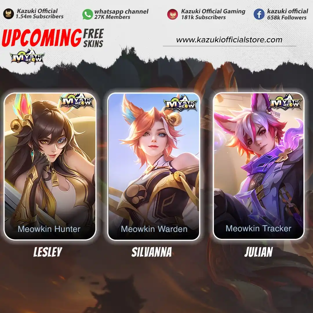 Image from Kazuki Official: 🐾 *UPCOMING FREE SKINS – MYSTIC MEOW SERIES!* 3 free skins are comin...