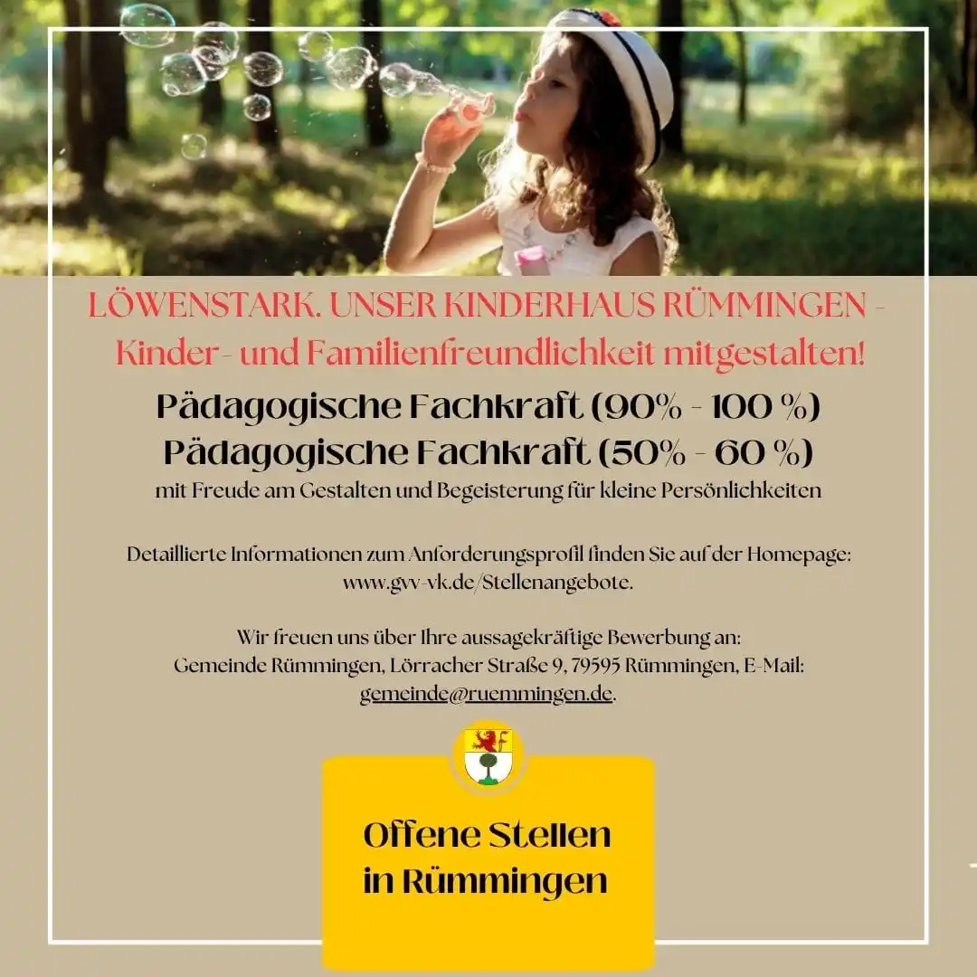 Image from Gemeinde Rümmingen: Wir suchen Sie! Das Kinderhaus Rümmingen braucht Verstärkung. Die det...