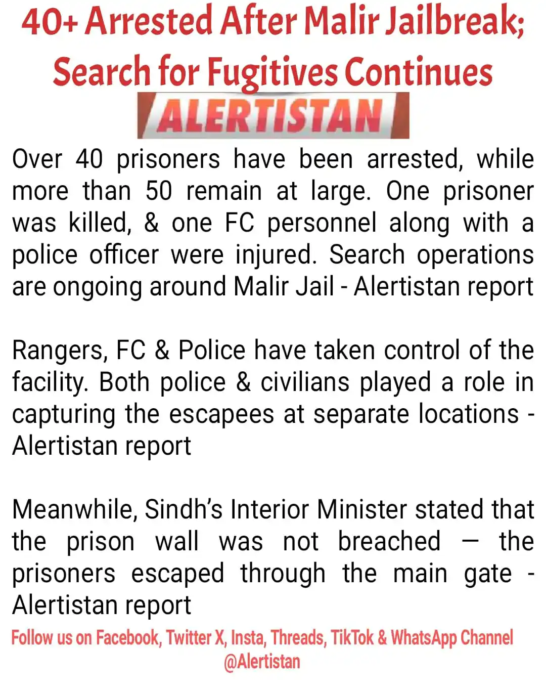 Image from Alertistan: *🚨 Alertistan Breaking: 40+ Arrested After Malir Jailbreak; Search fo...
