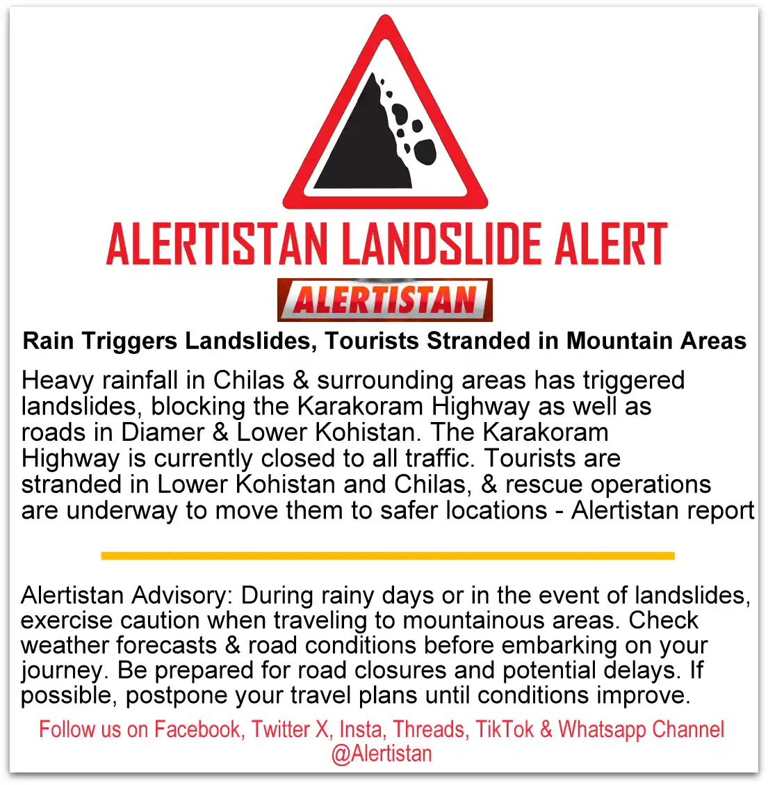 Image from Alertistan: *Alertistan Landslide Alert | Karakoram Highway* <a class="text-blue-...