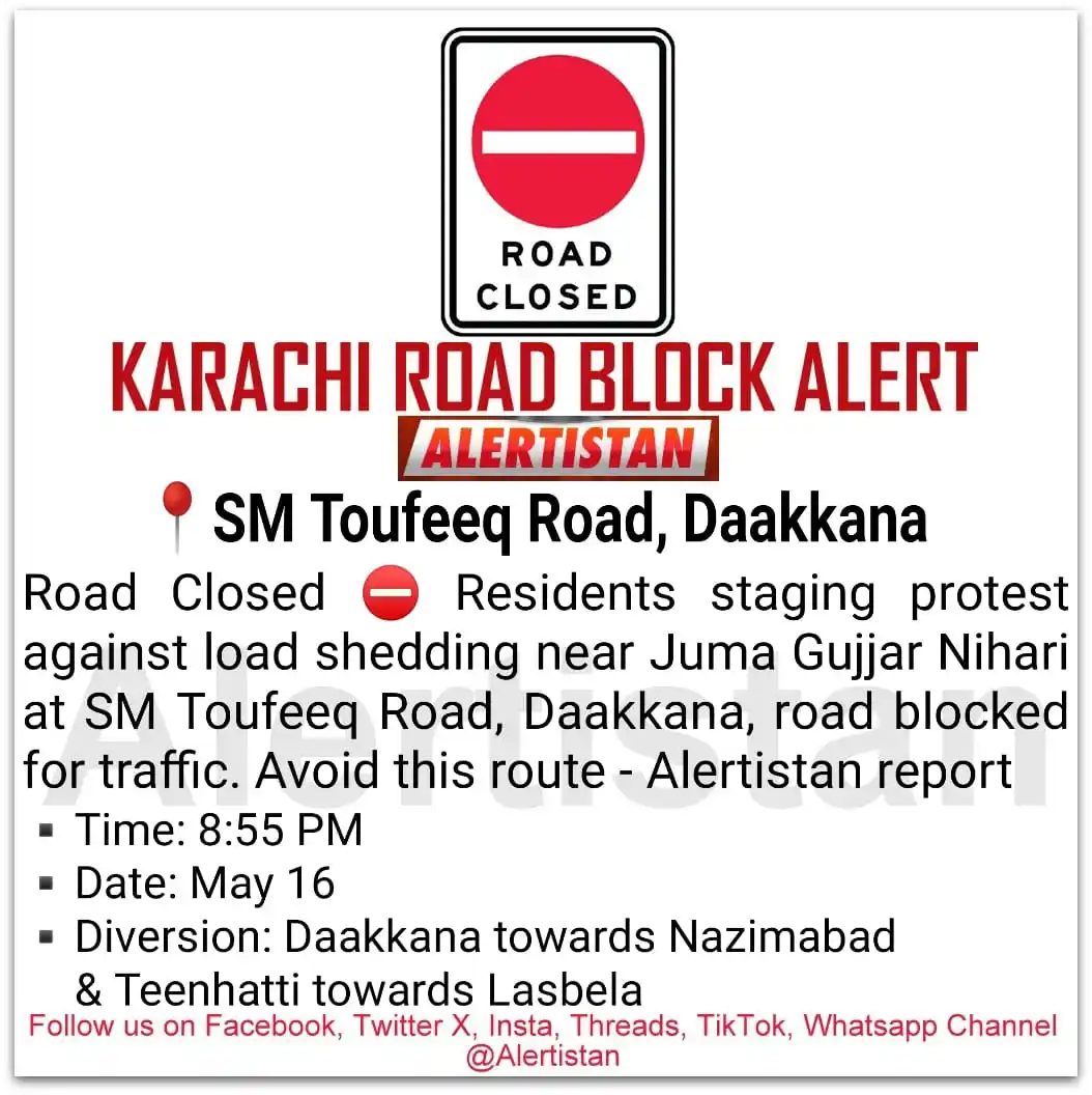 Image from Alertistan: *Alertistan Road Block Alert | Daakkana, Karachi* <a class="text-blue...