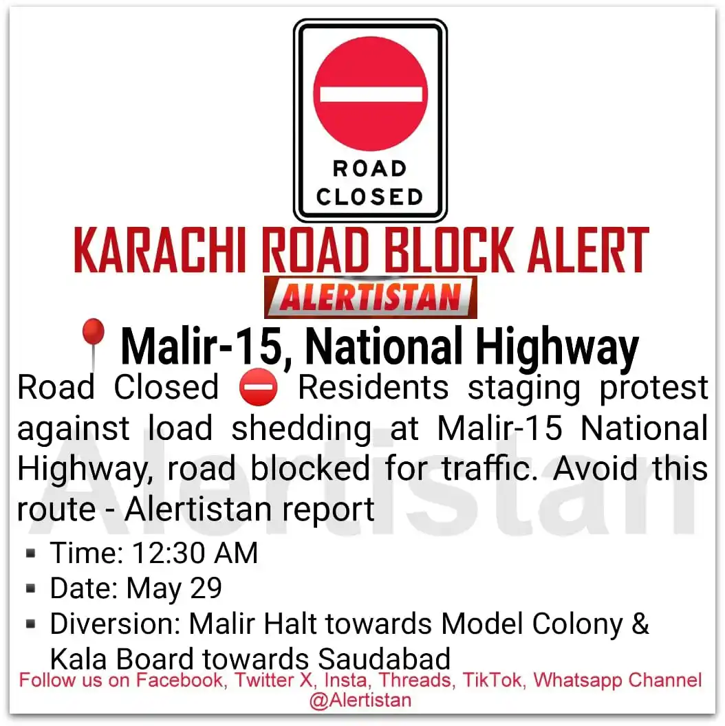 Image from Alertistan: *Alertistan Road Block Alert | Malir-15, Karachi* <a class="text-blue...