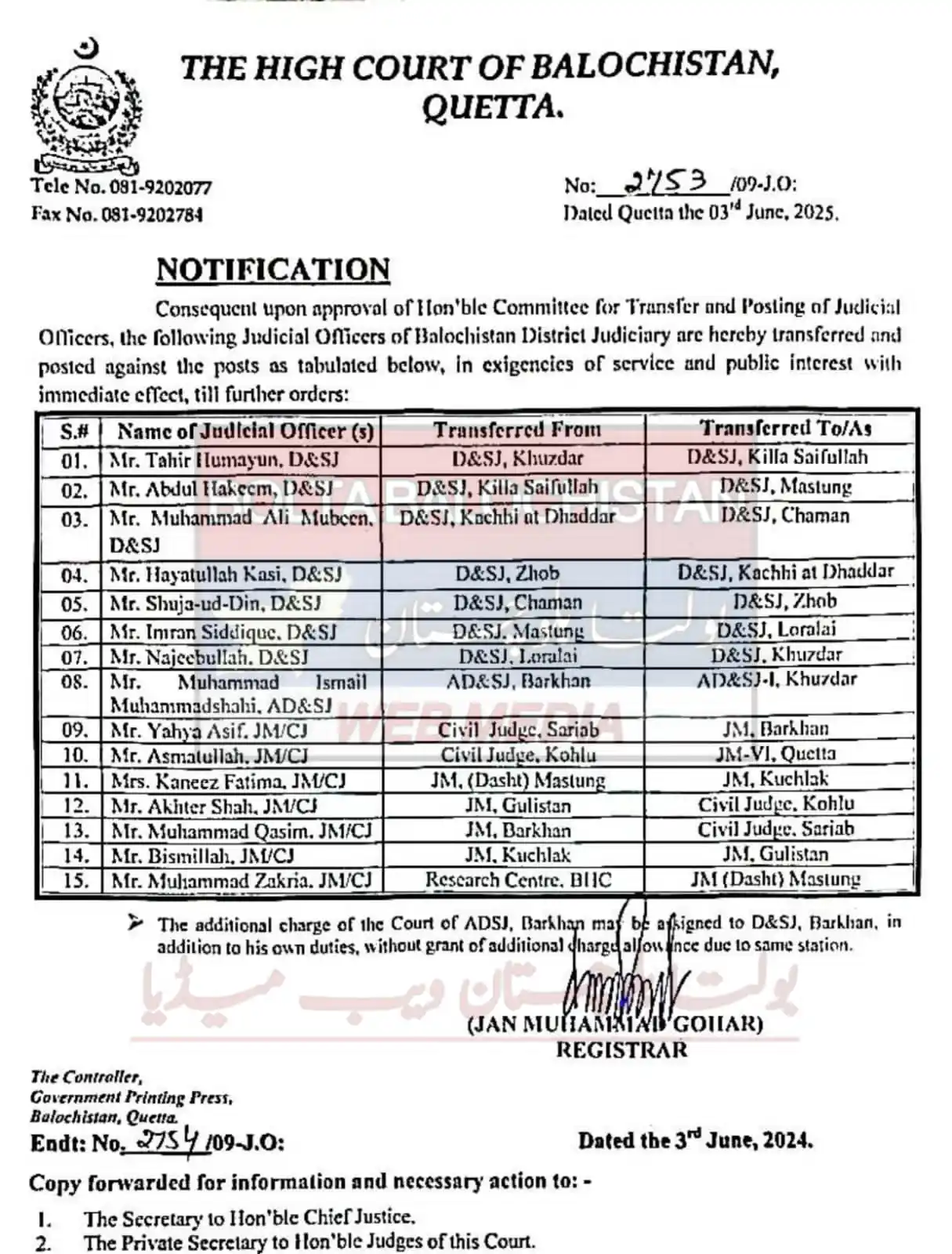 Image from DISTRICT👮♂️POLICE🚓QUETTA: *بلوچستان جوڈیشری میں بڑے پیمانے پر تقرر و تبادلے۔* کوئٹہ(بولتا بلوچس...