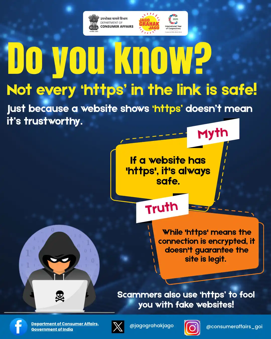 Image from Department of Consumer Affairs, Government of India: Don’t trust every website with ‘https’. Think, verify, and then click....
