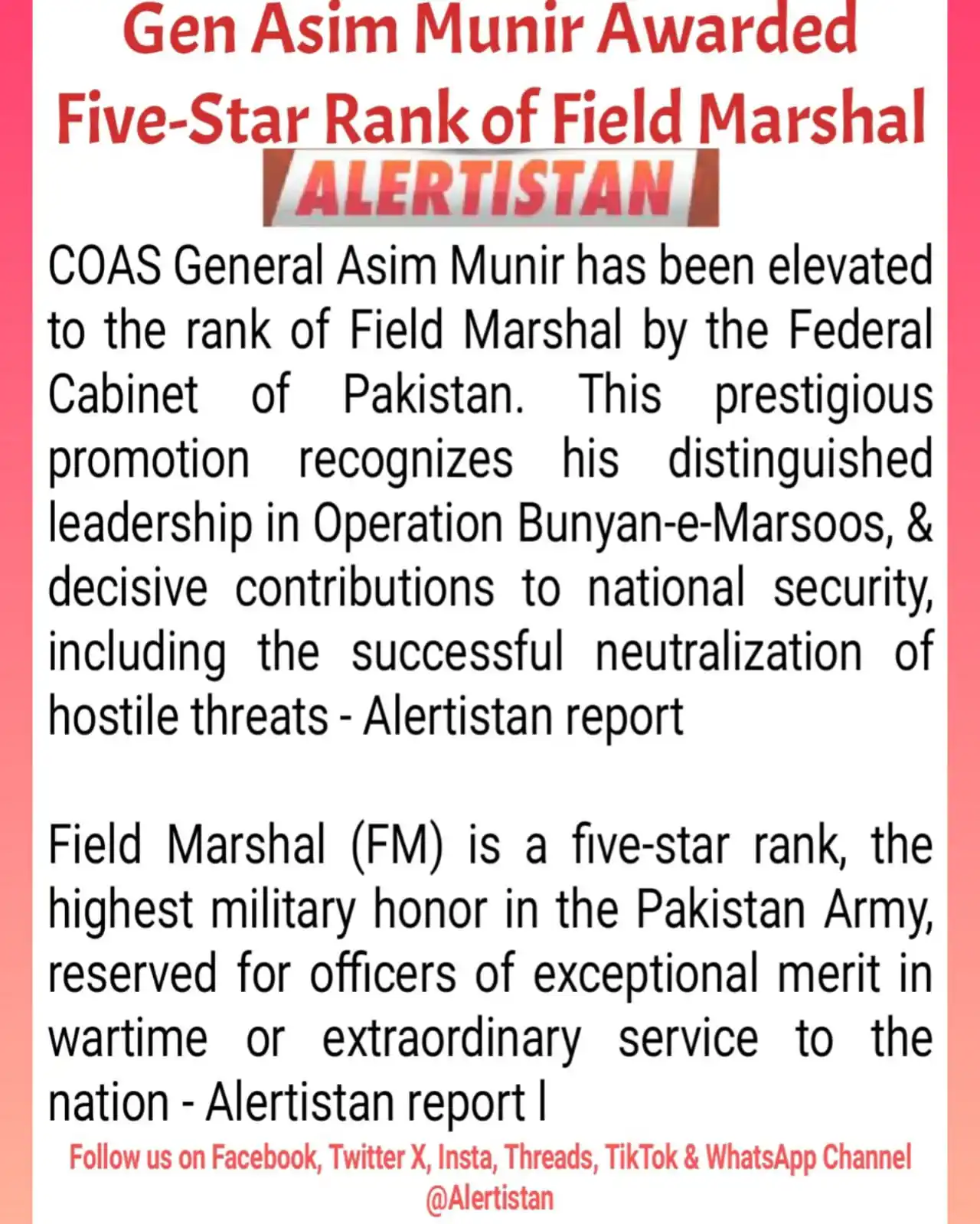 Image from Alertistan: *🚨 Gen Asim Munir Awarded Five-Star Rank of Field Marshal | Alertista...