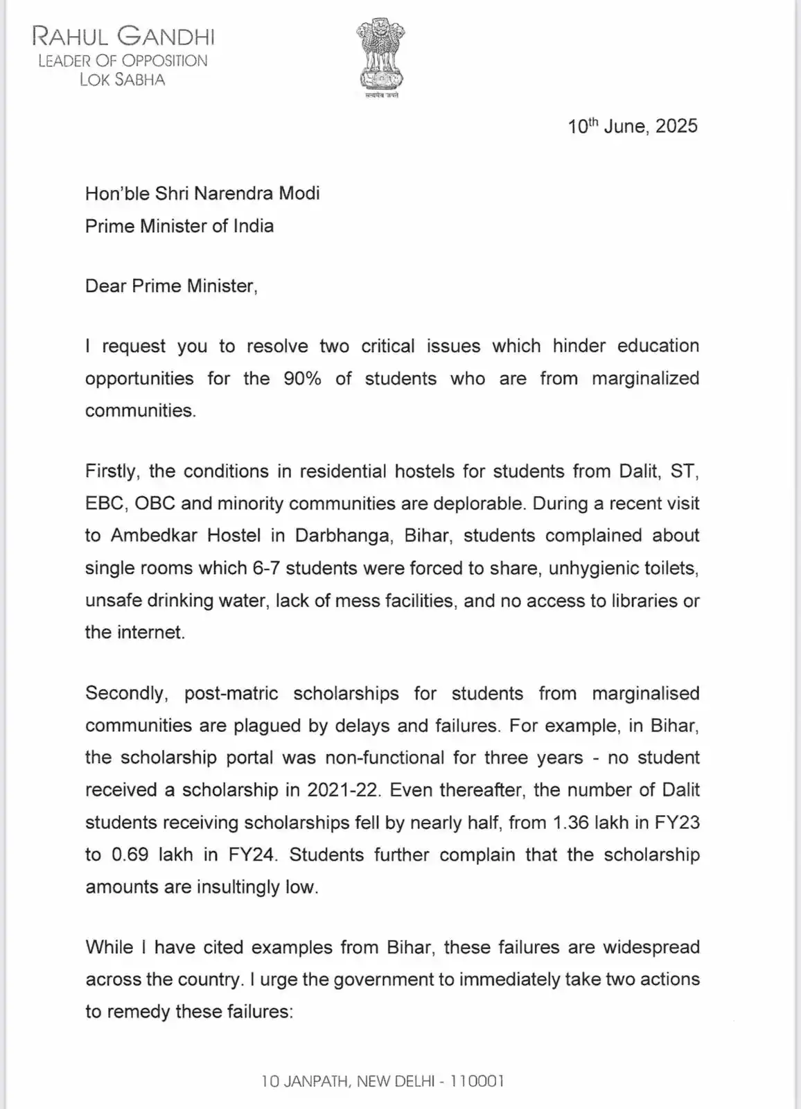 Image from Cadre Congress ❤️: LoP Shri Rahul Gandhi writes to PM Modi on improving hostel conditions...