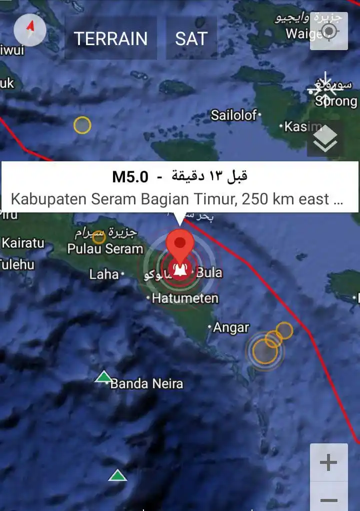 Image from NewsRoom: زلزال قبل قليل بقوة 5.0 ريختر وعمق ضحل 13km يضرب في كابوباتن سيرام باج...