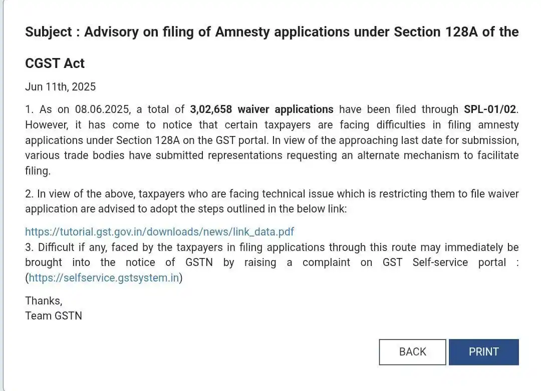 Image from GST & Tax Alerts: *Advisory on filing of Amnesty applications under Section 128A of the ...