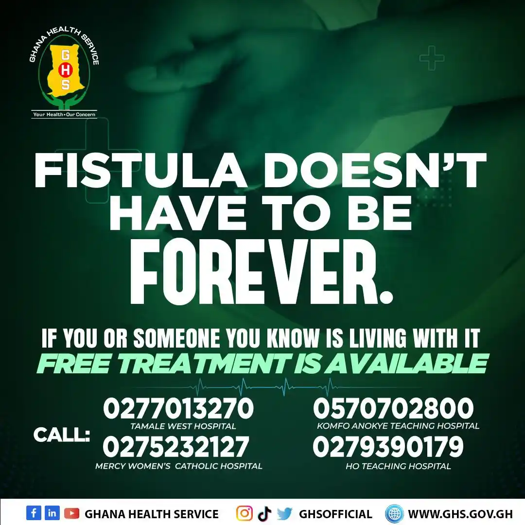 Image from Ghana Health Service: Fistula is treatable and treatment is free.  If you or someone you kno...