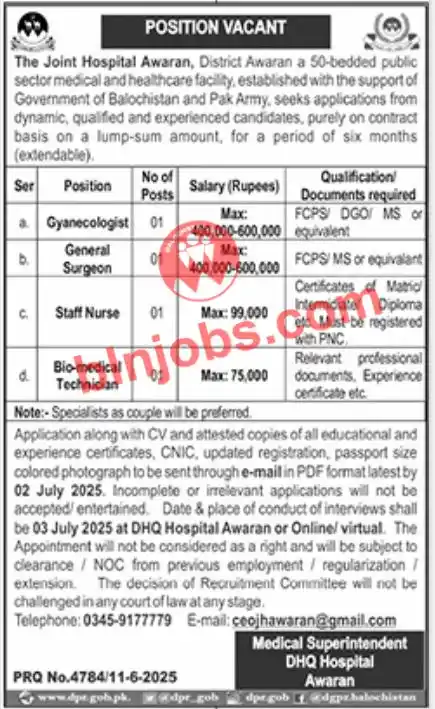 Image from Balochistan Jobs & Info: 📢 *جوائنٹ ہسپتال آواران میں آسامیاں* 📌 کل آسامیاں: 04 📅 آخری تاریخ:...