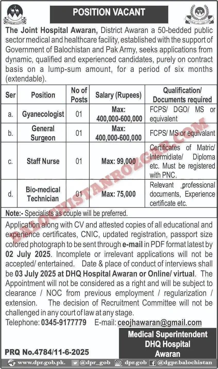 Image from Balochistanjobs.com: 📢 *جوائنٹ ہسپتال آواران میں آسامیاں* 📌 کل آسامیاں: 04 📅 آخری تاریخ:...