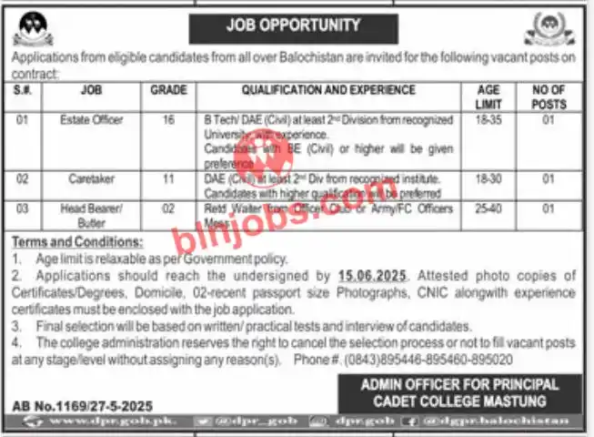 Image from Balochistan Jobs & Info: کیڈٹ کالج مستونگ میں درج ذیل آسامیوں کے لئے امیدواران سے درخواستیں مطل...
