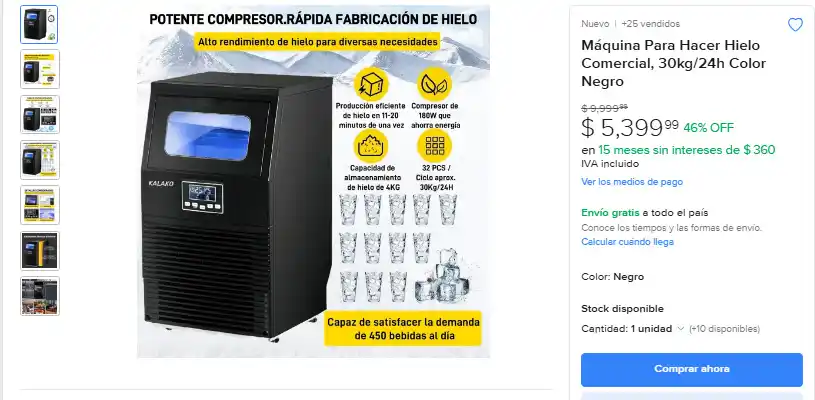 Image from Ofertas Increibles: 🎁 Mercado Libre: Máquina Para Hacer Hielo Comercial, 30kg/24h Color N...