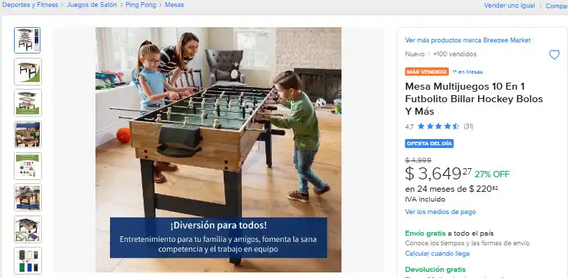 Image from Ofertas Increibles: 🎁 Mercado Libre: Mesa Multijuegos 10 En 1 Futbolito Billar Hockey Bol...