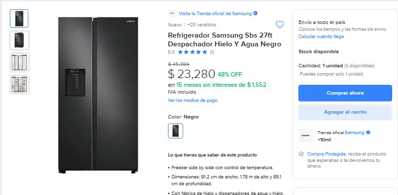 Image from Ofertas Increibles: 🎁 Mercado Libre: Refrigerador Samsung Sbs 27ft Despachador Hielo Y Ag...