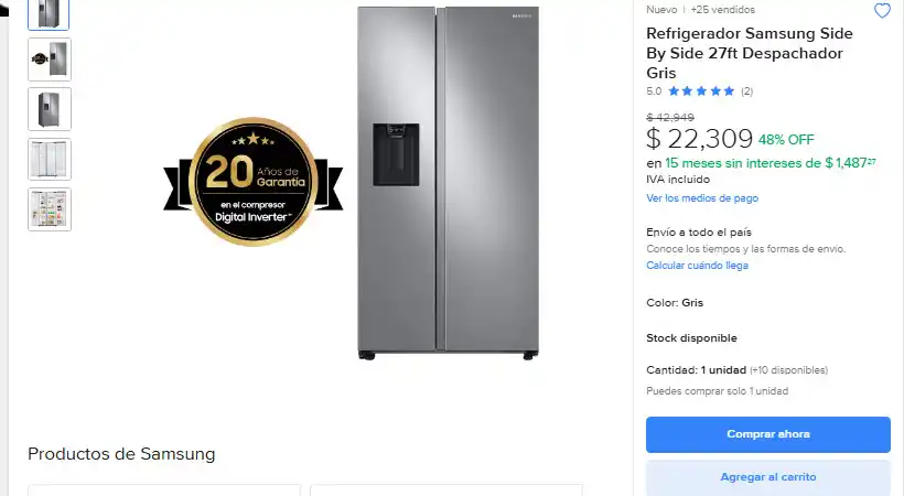 Image from Ofertas Increibles: 🎁 Mercado Libre: Refrigerador Samsung Side By Side 27ft Despachador G...