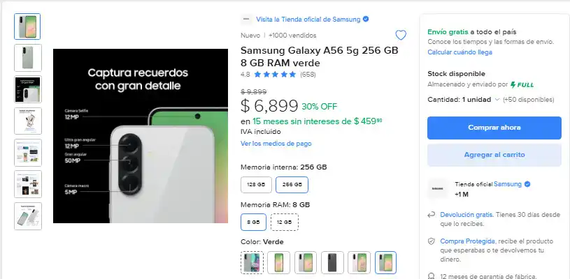 Image from Ofertas Increibles: 🎁 Mercado Libre: Samsung Galaxy A56 5g 256 GB 8 GB RAM verde ✅ Preci...