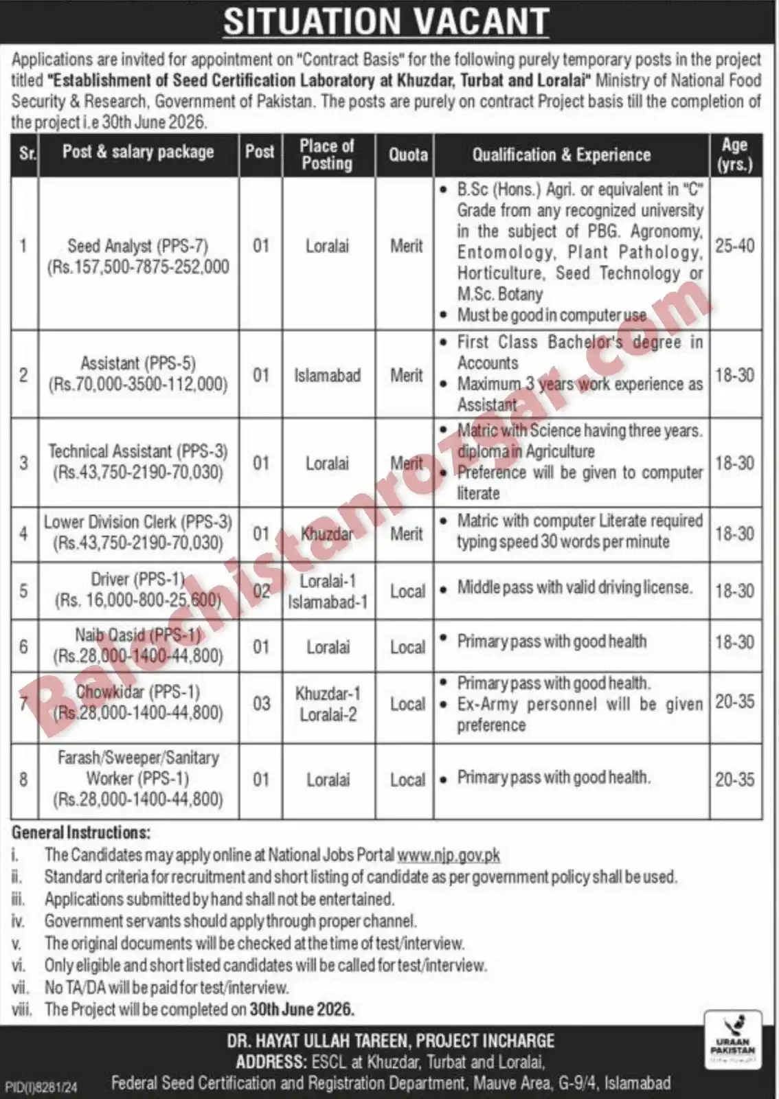 Image from Balochistanjobs.com: 📢 *منسٹری آف نیشنل سیکورٹی اینڈ ریسرچ گورنمنٹ آف پاکستان (MNFSR) بلوچ...