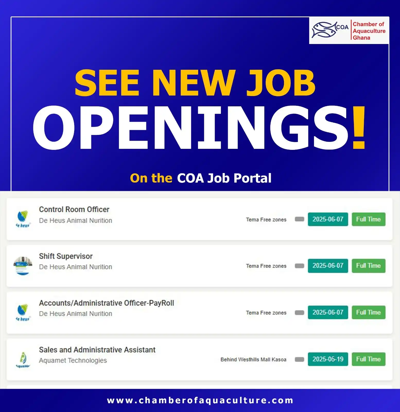 Image from Chamber of Aquaculture Ghana: New Job Opportunities on the COA Job Portal! 🚨 Looking to grow your c...