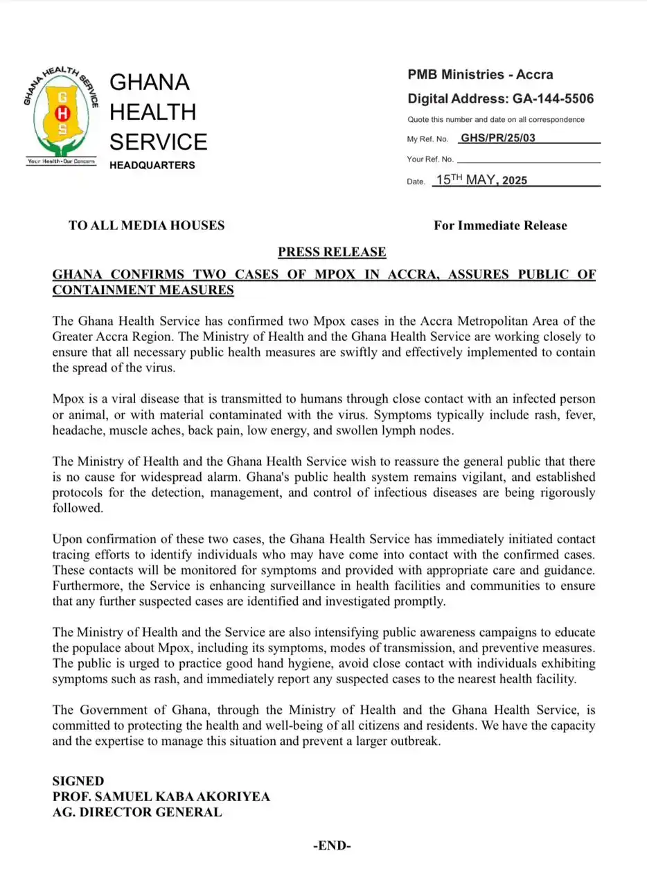 Image from Ghana Health Service: 📌*Press Release*📌 The Service confirms Mpox Case in Accra. <a class=...