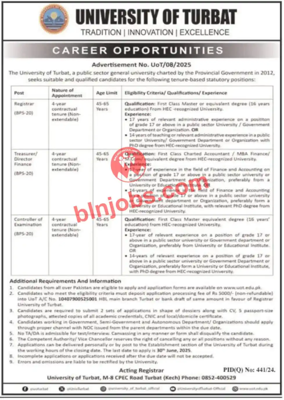 Image from Balochistan Jobs & Info: یونیورسٹی آف تربت میں درج ذیل آسامیوں کے لئے درخواستیں مطلوب ہیں۔ آخر...