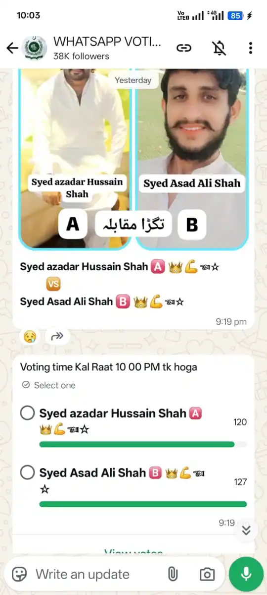 Image from WHATSAPP VOTING PLATFORM: *Asad ali Is winner 🏆🥇🏅 congratulations 🎉🥳🎈*...