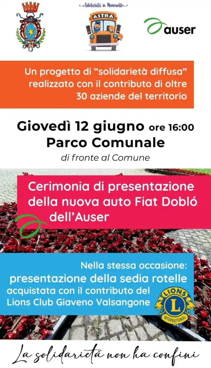Image from Giaveno Informa: 🚐 *CERIMONIA DI PRESENTAZIONE – NUOVA AUTO AUSER* 📅 *Giovedì 12 giu...