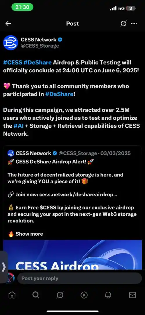 Image from AYSTAR CRYPTO SAGA: Cess Network Airdrop end tonight Log in and bind your Bitget and Byb...
