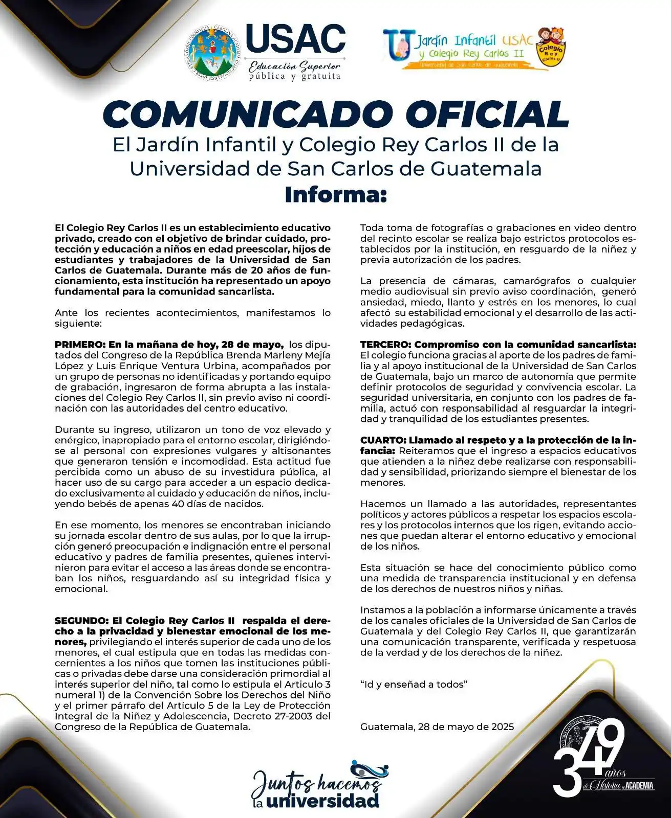 Image from Universidad de San Carlos de Guatemala: 📢 COMUNICADO OFICIAL El Colegio Rey Carlos II de la Universidad de S...
