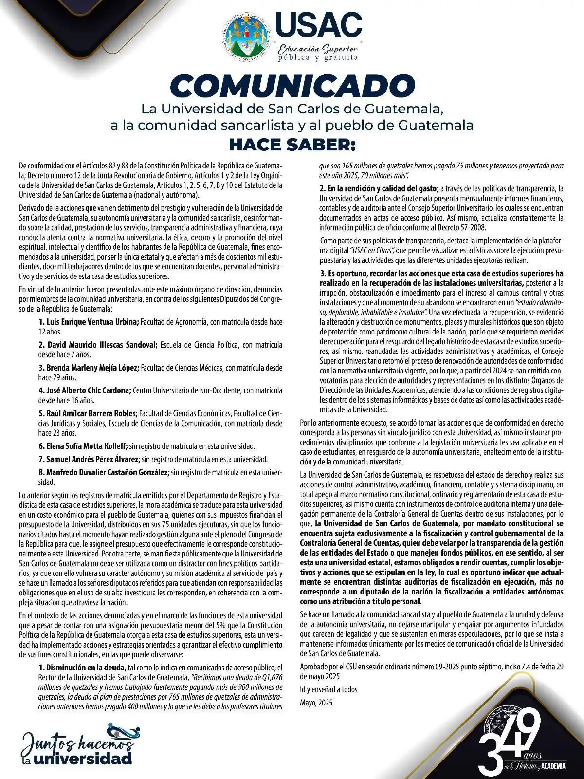 Image from Universidad de San Carlos de Guatemala: 📢 COMUNICADO OFICIAL | USAC La Universidad de San Carlos de Guatemala...