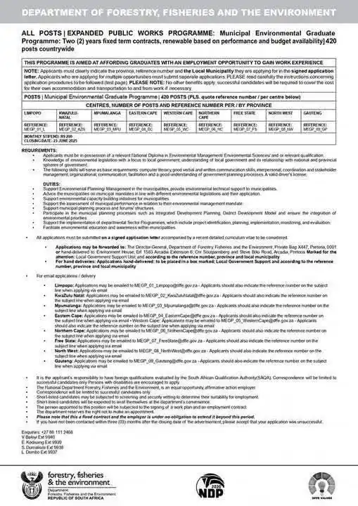 Image from Advertise Jobs/Werk: EPWP Opportunities - 420 Posts Available! Department of Forestry, Fis...