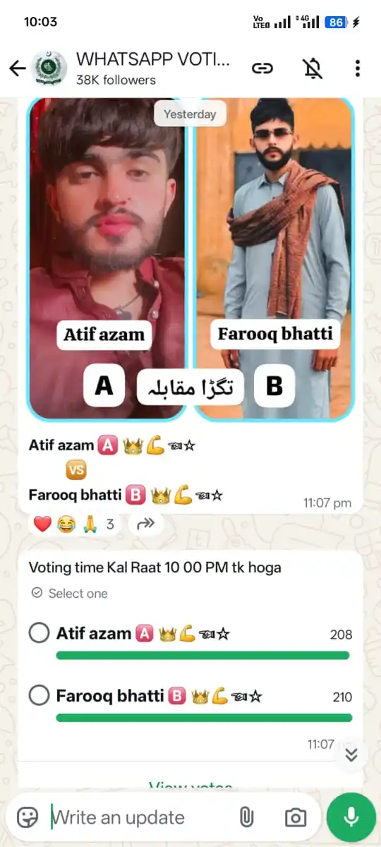 Image from WHATSAPP VOTING PLATFORM: *farooq Bhatti Is winner 🏆🥇🏅 congratulations 🎉🥳🎈*...