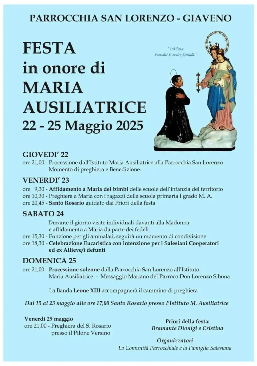 Image from Giaveno Informa: *FESTA IN ONORE DI MARIA AUSILIATRICE – PARROCCHIA SAN LORENZO, GIAVEN...
