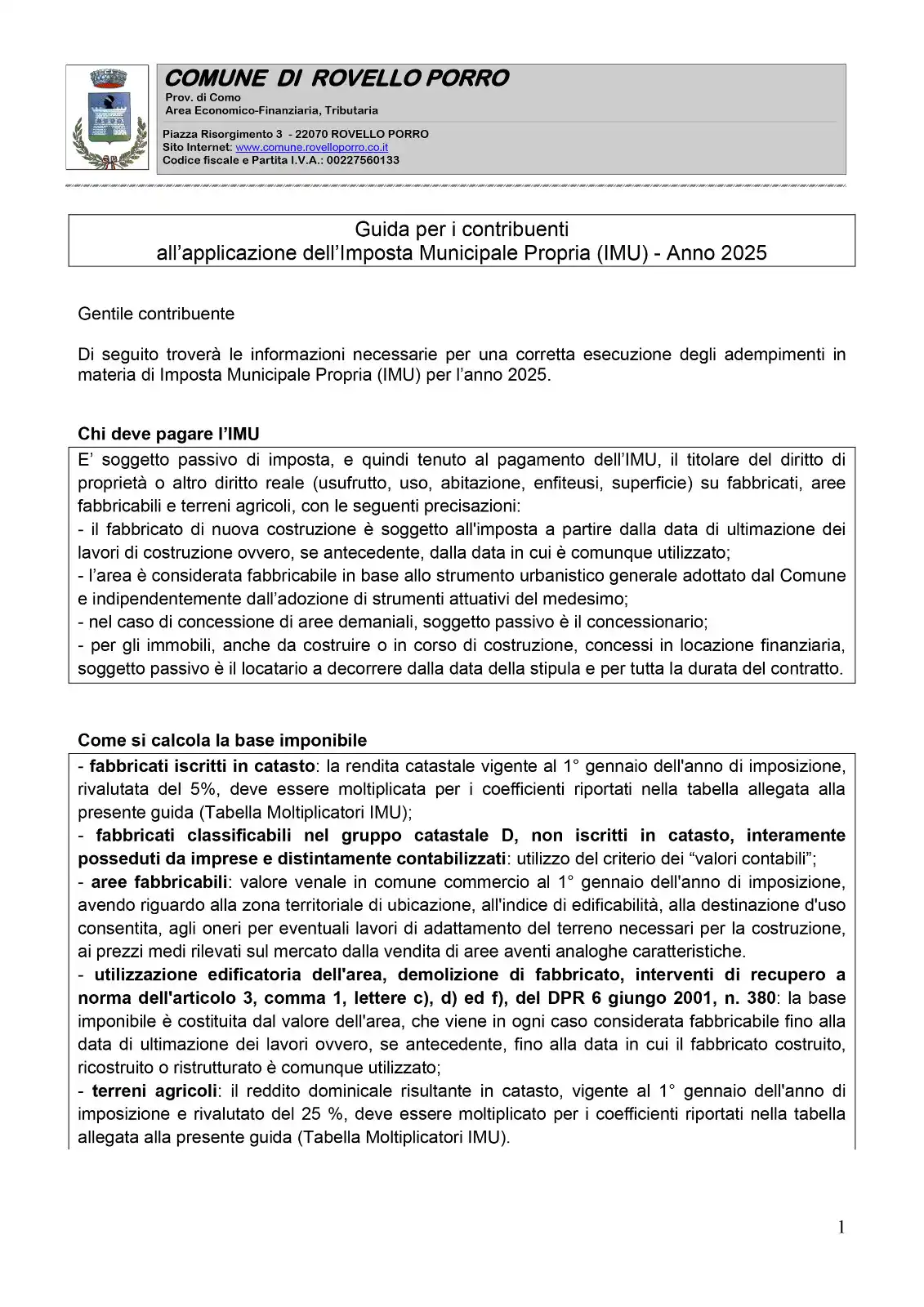 Image from Rovello Notizie: GUIDA PER I CONTRIBUENTI all’applicazione dell’Imposta Municipale Prop...