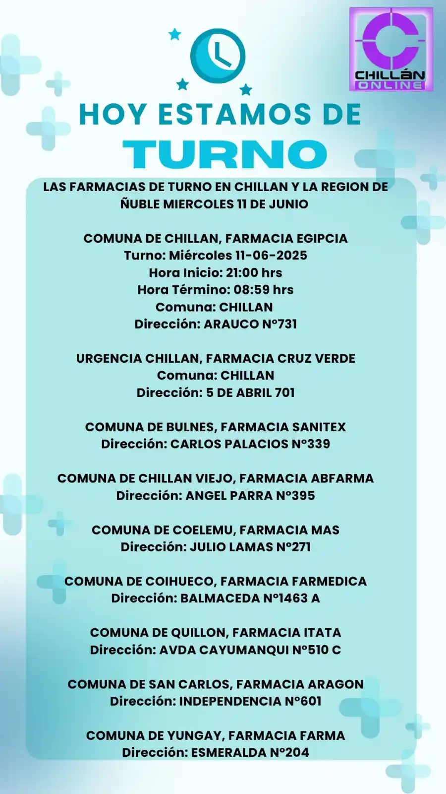 Image from Chillan OnLine: LAS FARMACIAS DE TURNO EN CHILLAN Y LA REGION DE ÑUBLE MIERCOLES 11 DE...