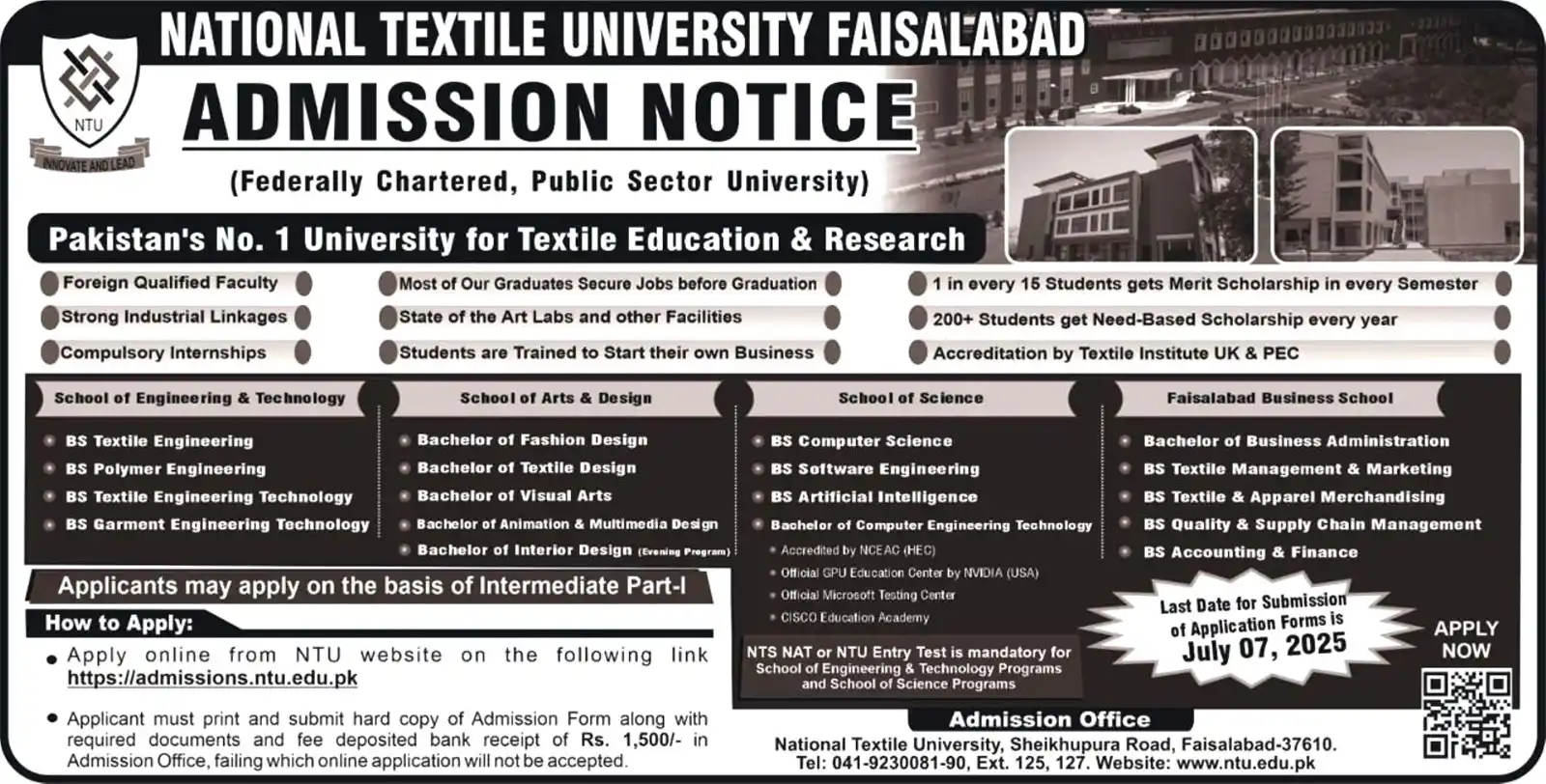 Image from Educational Updates 〽️: *⭕ National Textile University (NTU), Faisalabad* BS Programs Admissio...