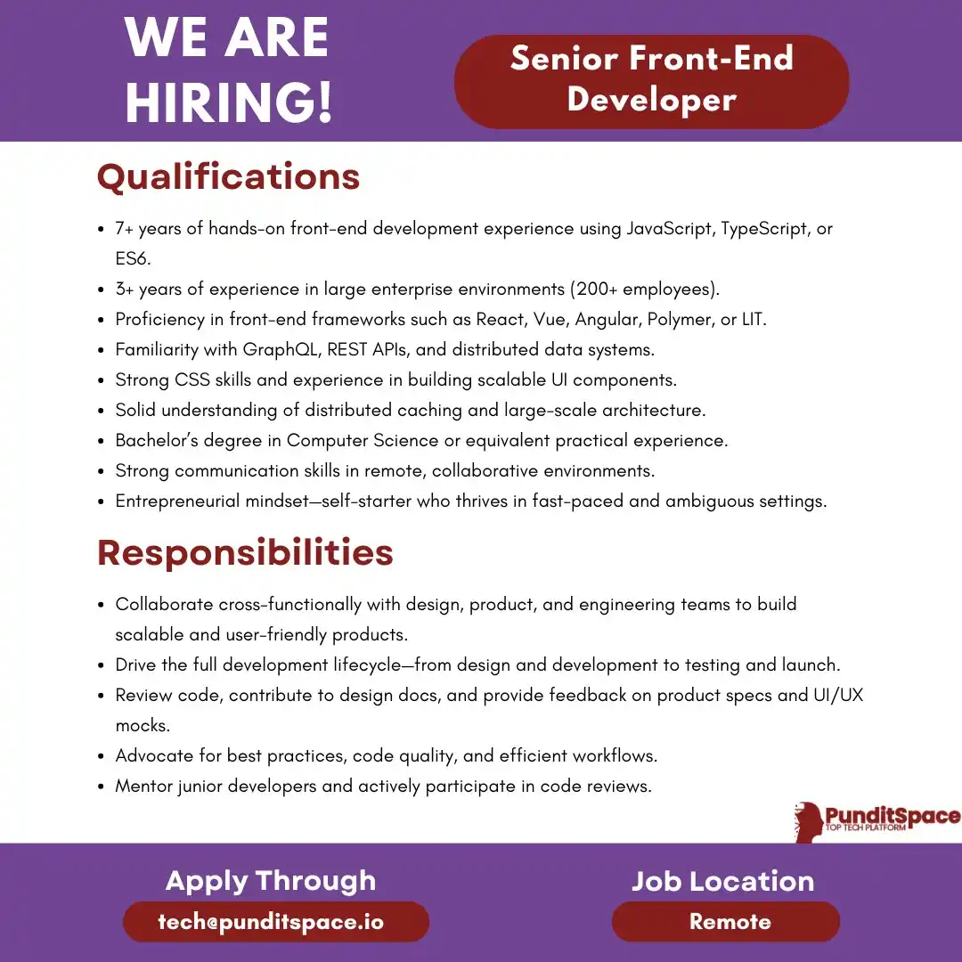 Image from Pundit Space ( Home For Global Remote Tech Jobs): 🚨 NEW ROLE ALERT! 🔹 Senior Front-End Engineer (Typescript) 💼 Full-...